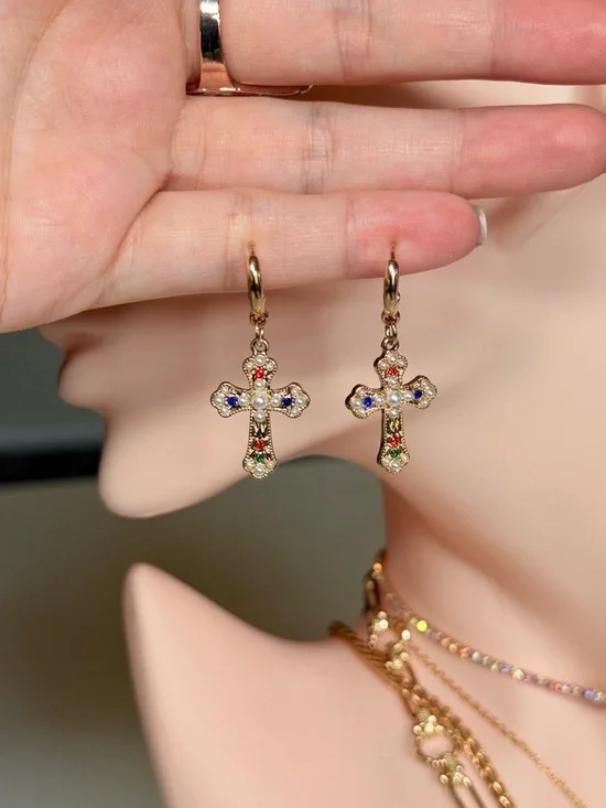 Gold Cross Pendant Huggie Earring with Multicolor Stones - Picture 9 of 12